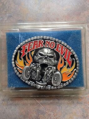Fear No Evil Skull & Motorcycle Belt Buckle - Black, Red, Orange
